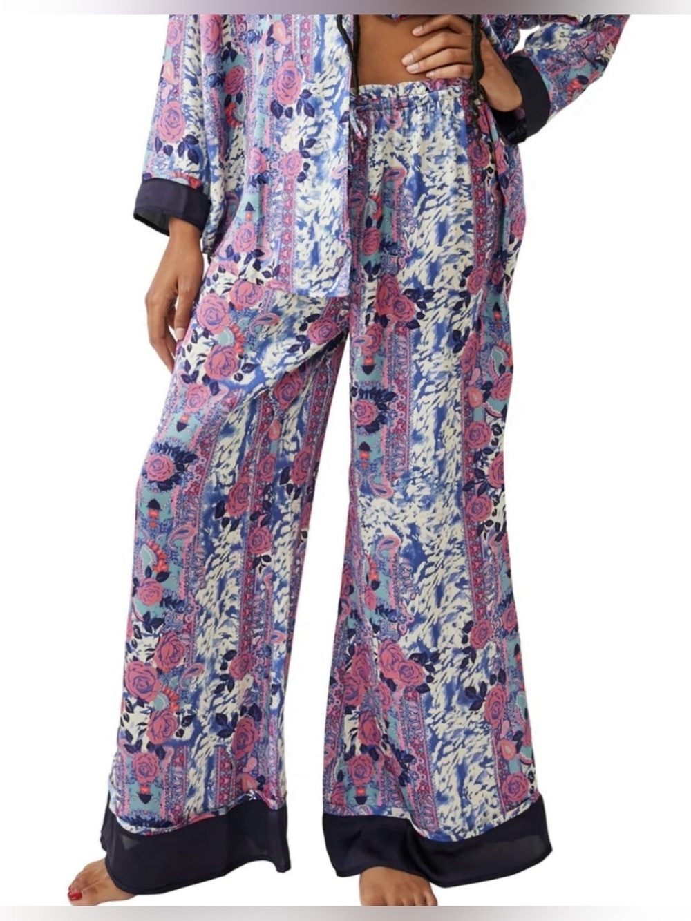 Free People Women's Dreamy Days Silk Lounge Set, Size Medium (shirt + pants)